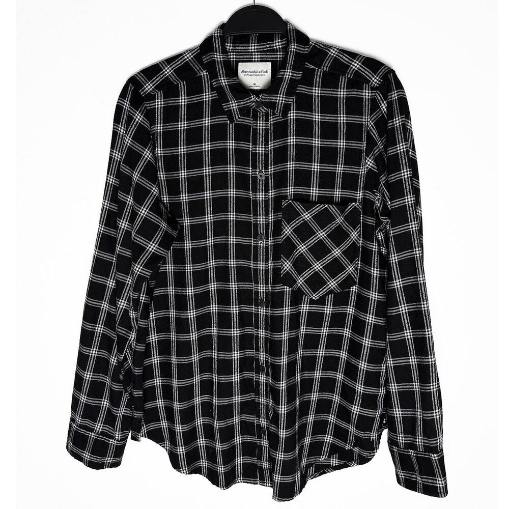 Abercrombie Fitch Women's Soft Flannel Button Down Shirt Black White Plaid Check